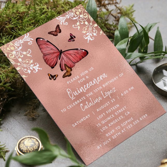 Elegant Rose Gold Butterfly Floral Quinceañera Invitation (Creator Uploaded)