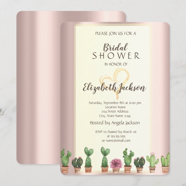 Elegant Rose Gold Cactus Bridal Shower Invitation (Front/Back)