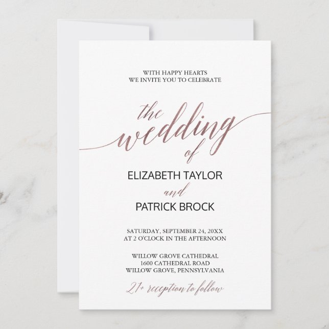 Elegant Rose Gold Calligraphy 21+ Wedding Invitation (Front)