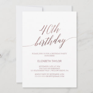 Elegant Rose Gold Calligraphy 40th Birthday Invitation