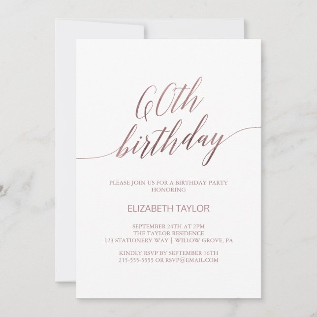 Elegant Rose Gold Calligraphy 60th Birthday Invitation (Front)