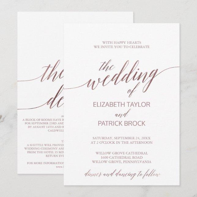 Elegant Rose Gold Calligraphy All In One Wedding Invitation (Front/Back)