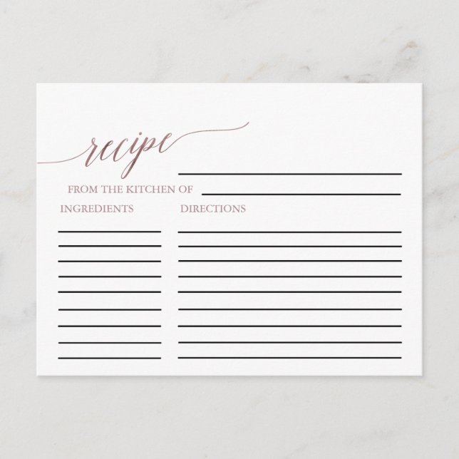 Elegant Rose Gold Calligraphy Bridal Recipe Cards (Front)