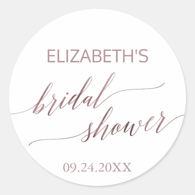 Elegant Rose Gold Calligraphy Bridal Shower Favour Classic Round Sticker (Front)