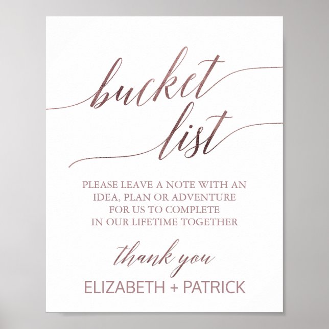 Elegant Rose Gold Calligraphy Bucket List Sign (Front)