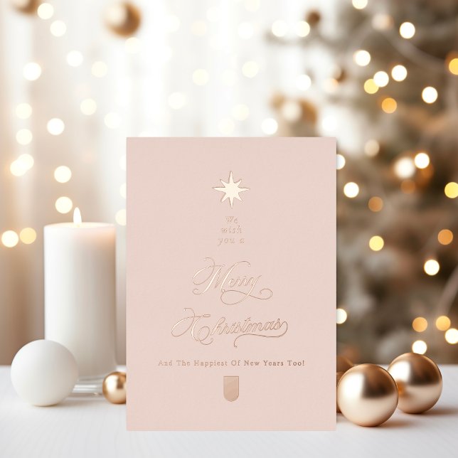 Elegant Rose Gold Calligraphy Christmas Tree Blush Foil Holiday Card (Creator Uploaded)
