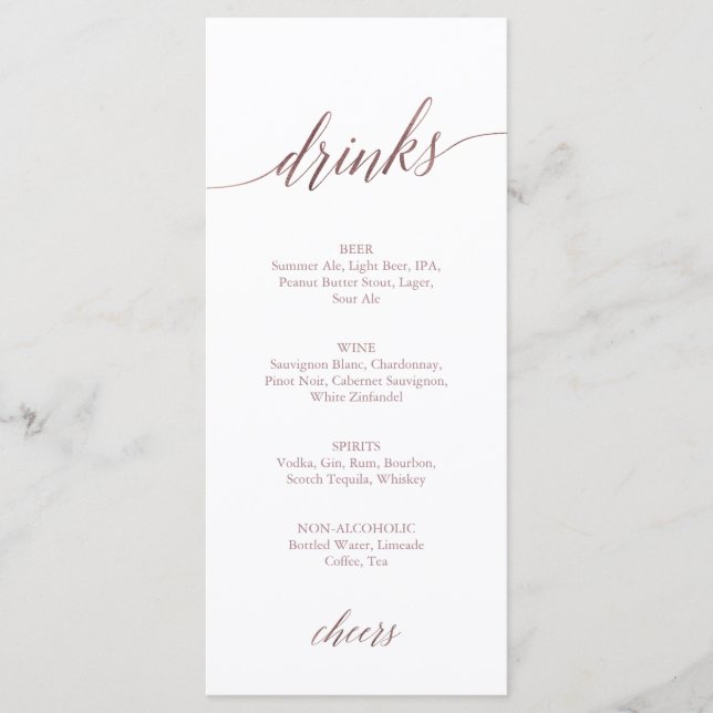 Elegant Rose Gold Calligraphy Drinks Menu Card (Front)