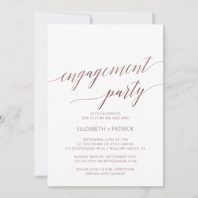 Elegant Rose Gold Calligraphy Engagement Party Invitation (Front)
