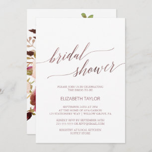 Elegant Rose Gold Calligraphy Floral Bridal Shower Invitation