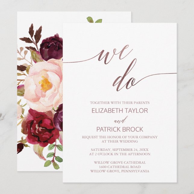 Elegant Rose Gold Calligraphy Floral We Do Wedding Invitation (Front/Back)