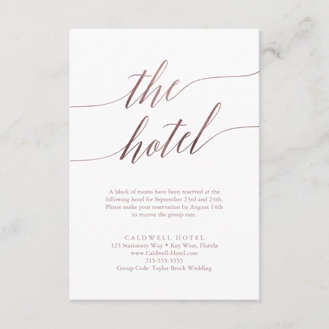 Elegant Rose Gold Calligraphy Hotel Enclosure Card (Front)