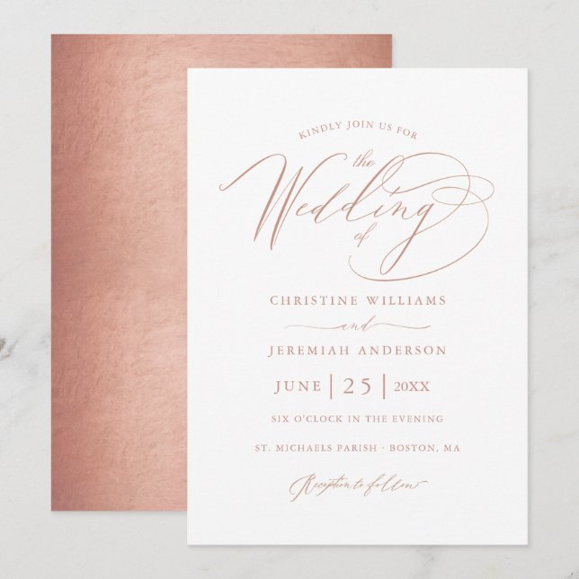 Elegant Rose Gold Calligraphy Metallic Wedding Invitation (Front/Back)