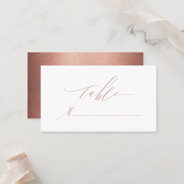 Elegant Rose Gold Calligraphy Metallic Wedding Place Card (Front/Back In Situ)
