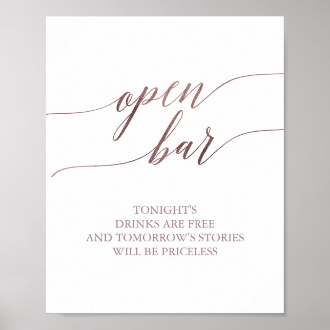 Elegant Rose Gold Calligraphy Open Bar Sign (Front)