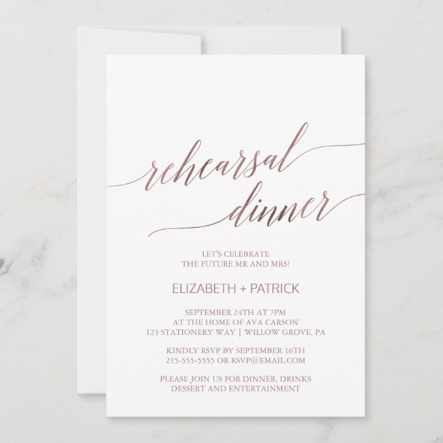 Elegant Rose Gold Calligraphy Rehearsal Dinner Invitation (Front)