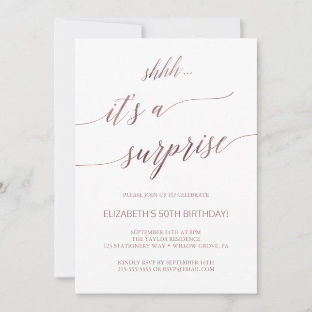 Elegant Rose Gold Calligraphy Surprise Party Invitation (Front)