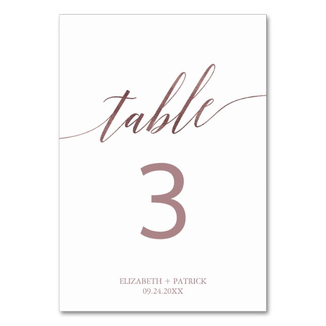 Elegant Rose Gold Calligraphy Table Number (Front)