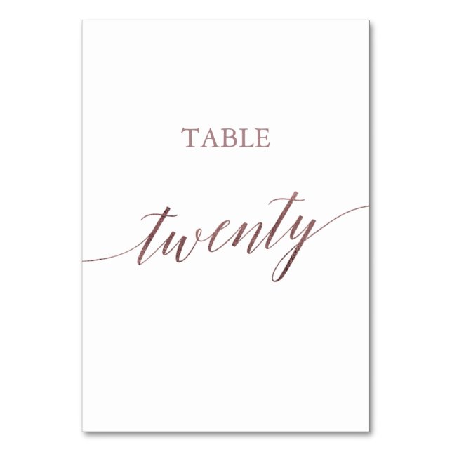 Elegant Rose Gold Calligraphy Table Number Twenty (Front)