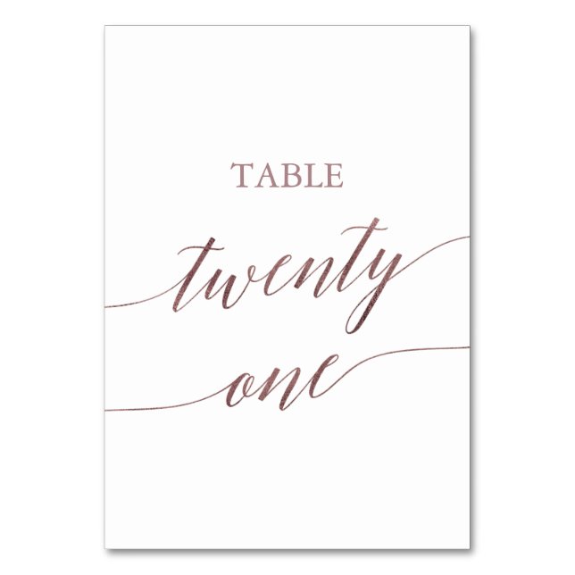 Elegant Rose Gold Calligraphy Table Twenty One Table Number (Front)