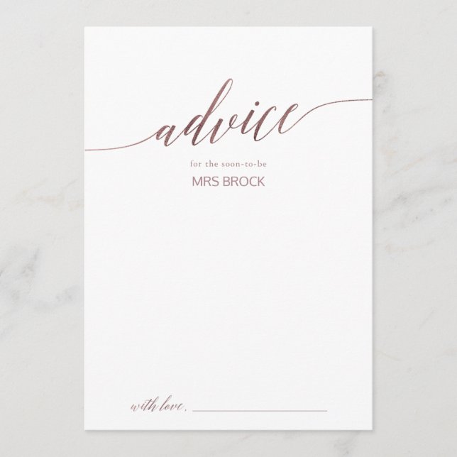 Elegant Rose Gold Calligraphy Wedding Advice Card (Front)