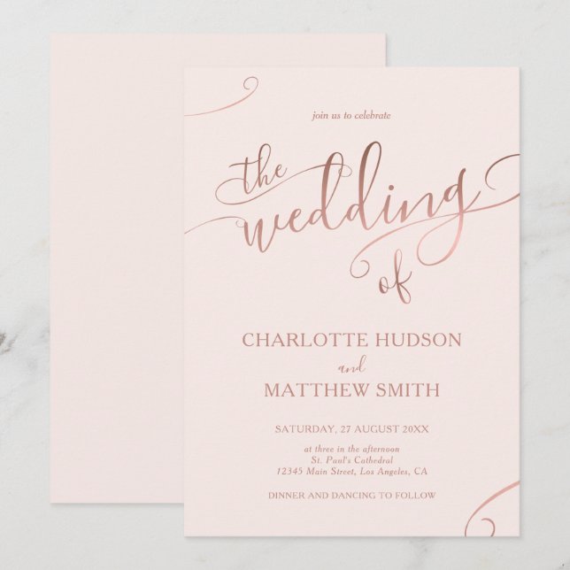 Elegant Rose Gold Calligraphy Wedding Invitation  (Front/Back)