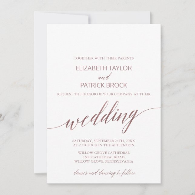 Elegant Rose Gold Calligraphy Wedding Invitation (Front)