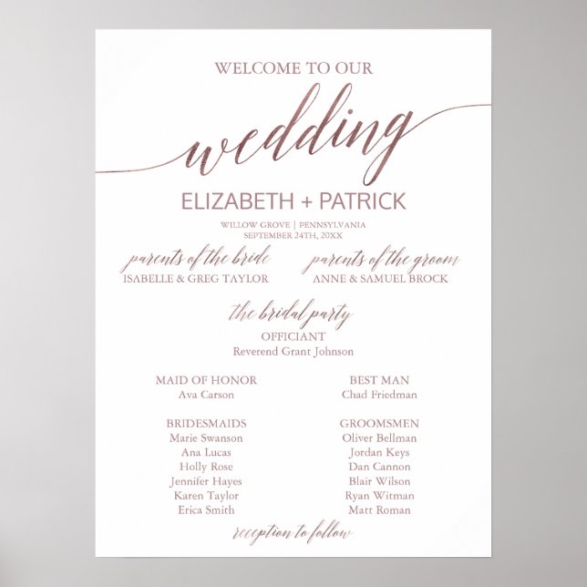 Elegant Rose Gold Calligraphy Wedding Program Poster (Front)