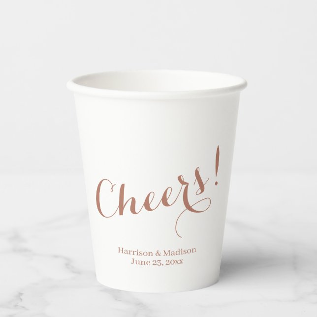 Elegant rose gold Cheers custom script Wedding Paper Cups (Front)