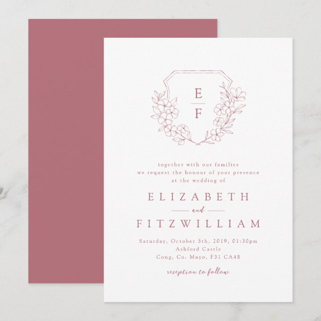 Elegant Rose Gold Cherry Blossom Monogram Crest  Invitation (Front/Back)