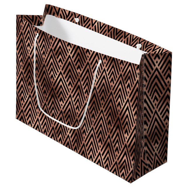 Elegant Rose Gold Chevron Diamond Art Deco Pattern Large Gift Bag (Front Angled)