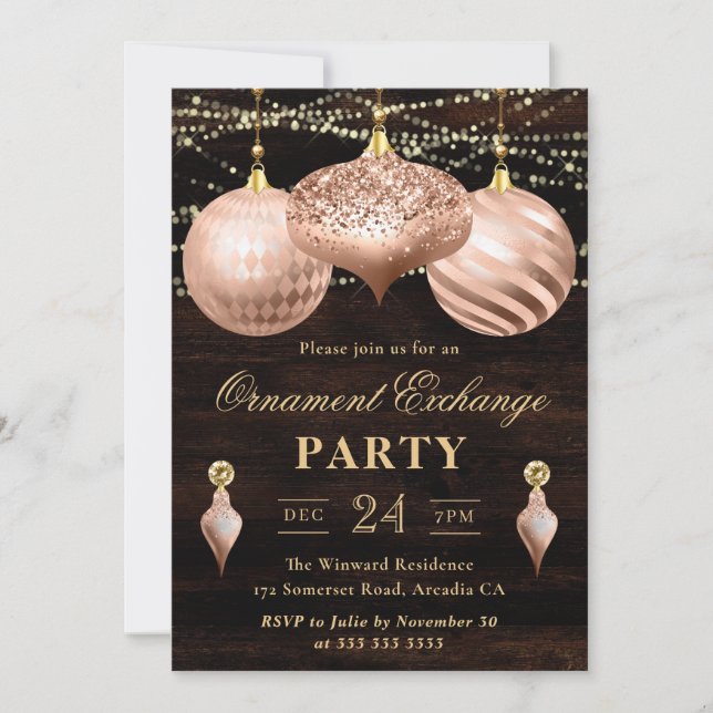Elegant Rose Gold Christmas Ornament Exchange Invitation (Front)