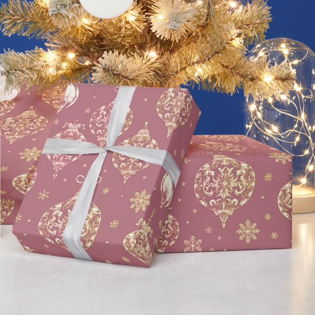 Elegant Rose Gold Christmas Ornaments Wrapping Paper (Holidays)