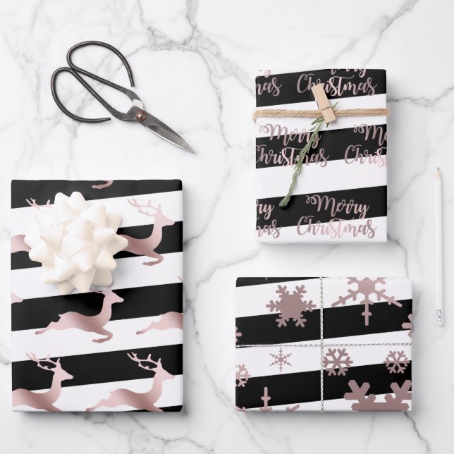 Elegant rose gold Christmas pattern striped    Wrapping Paper Sheet (Front)