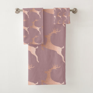 Elegant Rose Gold Christmas Reindeer Pattern Bath Towel Set