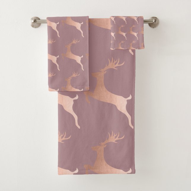 Elegant Rose Gold Christmas Reindeer Pattern Bath Towel Set (Insitu)