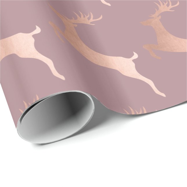 Elegant Rose Gold Christmas Reindeer Pattern Wrapping Paper (Roll Corner)