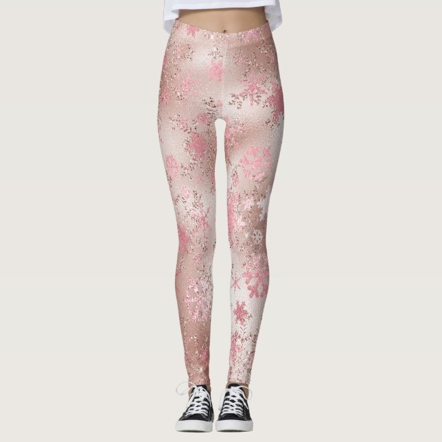 Elegant rose gold Christmas Snowflake Pattern Leggings (Front)