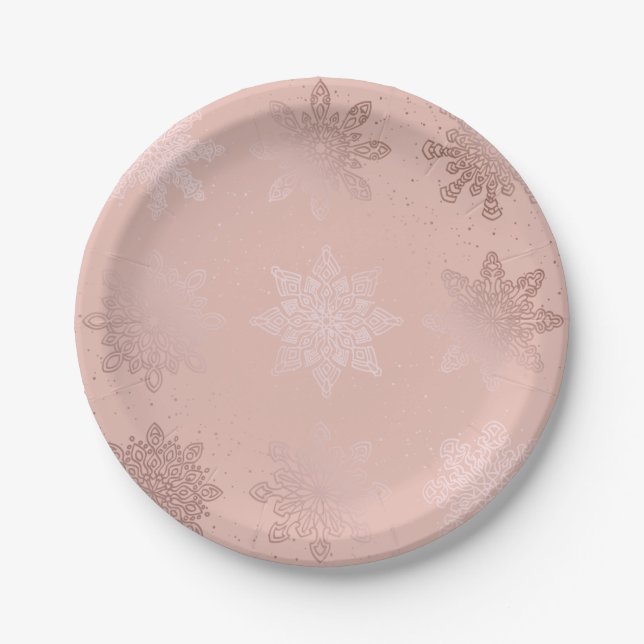 Elegant Rose Gold Christmas Snowflake Pattern Paper Plate (Front)