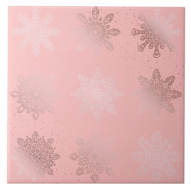 Elegant Rose Gold Christmas Snowflake Pattern Tile (Front)
