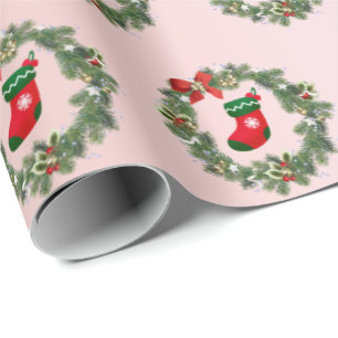 Elegant Rose Gold Christmas Socks & Wreath Pattern Wrapping Paper
