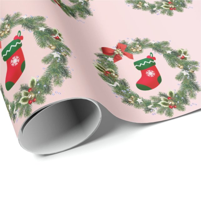 Elegant Rose Gold Christmas Socks & Wreath Pattern Wrapping Paper (Roll Corner)