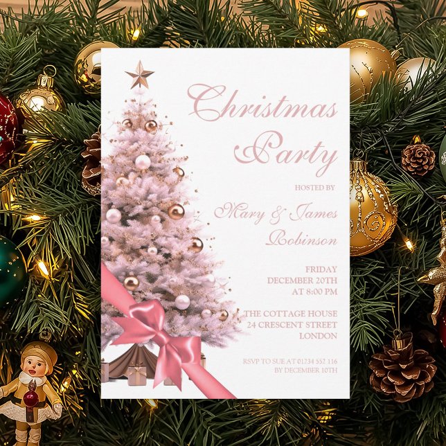 Elegant Rose Gold Christmas Tree Bow Holiday  Invitation (Elegant Rose Gold Christmas Tree Bow Holiday Invitation)