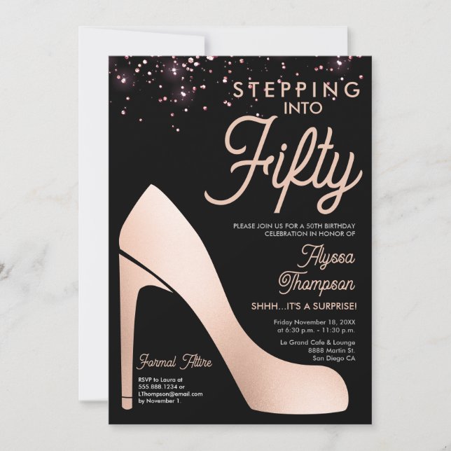 Elegant Rose Gold Confetti High Heel 50th Birthday Invitation (Front)