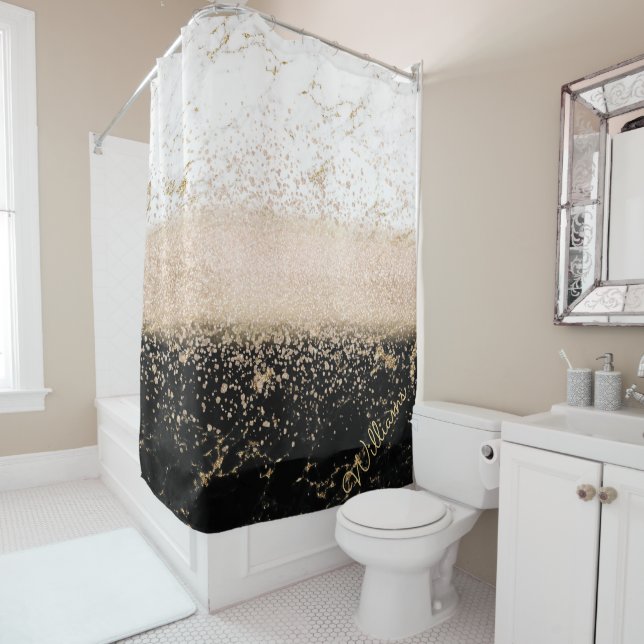 Elegant rose gold confetti marble design shower curtain (In Situ)