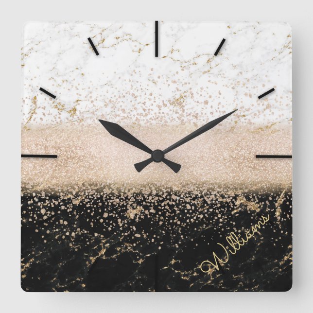 Elegant rose gold confetti marble design square wall clock (Front)