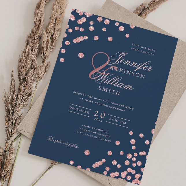 Elegant Rose Gold Confetti QR Wedding Navy Blue  Invitation (Elegant Rose Gold Confetti QR Wedding Navy Blue Invitation)