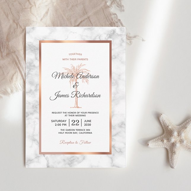 Elegant Rose Gold Copper Marble Palm Tree Wedding Invitation (Creator Uploaded)