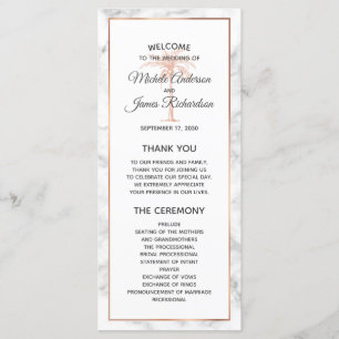 Elegant Rose Gold Copper Marble Palm Tree Wedding Programme