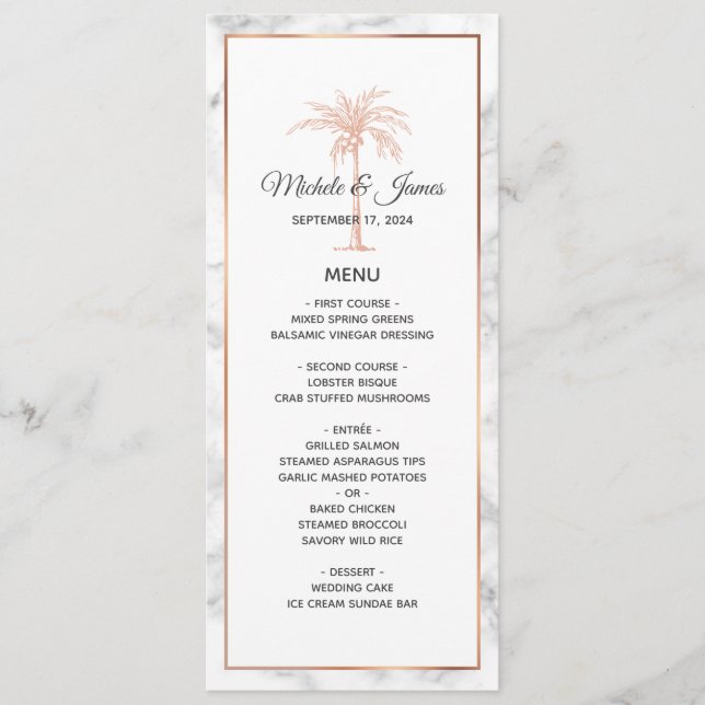 Elegant Rose Gold Copper Palm Tree Marble Wedding Menu (Front)