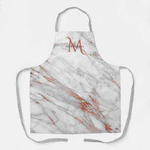 Elegant Rose Gold Copper White Marble Monogram  Apron